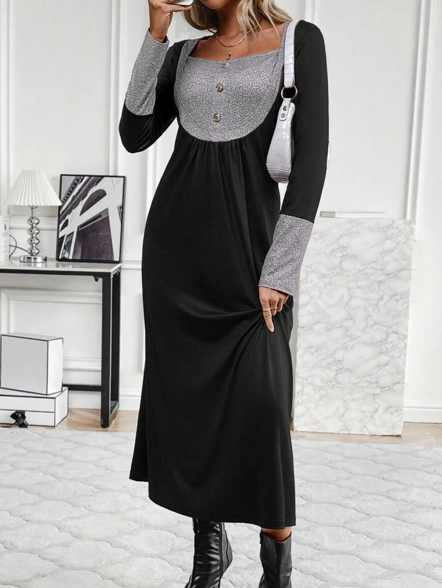 SHEIN LUNE Women's Color Block Square Collar Button Detail Dress - Black - View 1