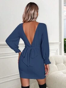 Chiquease Vestido De Espalda Descubierta Para Mujeres - Neblina azul - Ver 1