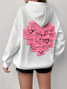 SHEIN EZwear 女士帶標語和心形圖案的連帽衫 - 白色 - 查看 3