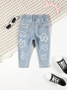 Baby Girls' Elastic Waist Flower Print Denim Pants - Medium Wash - View 2