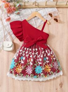 SHEIN Vestido De Cinturón De Malla Bordado Con Hombro De Volante Asimétrico Para Niñas Pequeñas - Burdeos - Ver 9