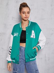SHEIN Teenager Letter & Plaid Color Block Print Casual Jacket - Green - View 4