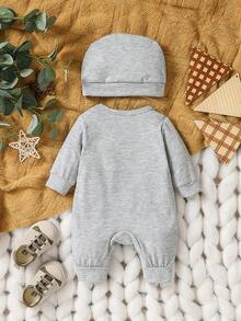 SHEIN 男嬰服裝醫生圖案長袖連身衣帶刺繡帽子,非常適合日常休閒裝和派對,秋季 - 灰色 - 查看 2