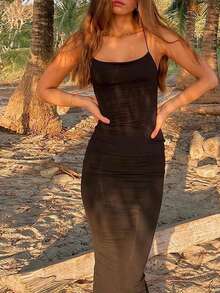 女士纯色简约性感露背日常修身海边度假聚会约会吊带辣妹长裙 - 黑色 - 查看 4