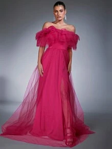 Hauture Váy hở vai xẻ đùi xếp nếp - Màu Hồng Tươi - Xem 3