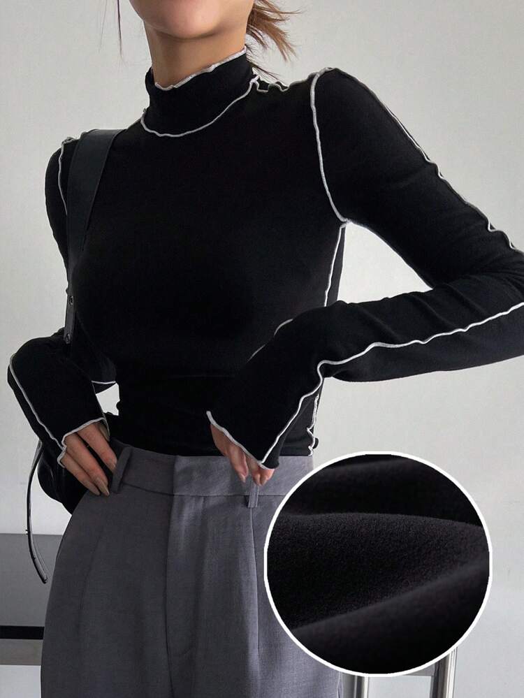 Top Stitched Half Turtle Neck Long Sleeve T-Shirt, Fall Clothes Preppy Tops