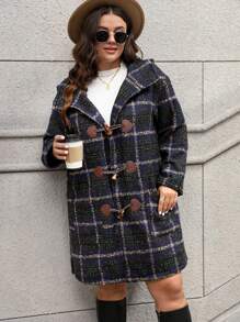 SHEIN LUNE Của phụ nữ Kích thước lớn Kẻ sọc áo có mũ Nút còi Len áo - Màu xanh hải quân - Xem 6