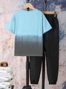 SHEIN Tween Boy Letter Graphic Ombre Tee & Pants - Baby Blue - View 2