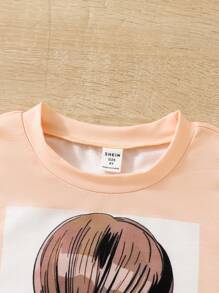 SHEIN Conjunto De Dos Piezas Para Niña Adolescente: Sudadera Con Estampado De Figura Y Pantalones Acampanados Con Estampado De Efecto Denim - Multicolor - Ver 5