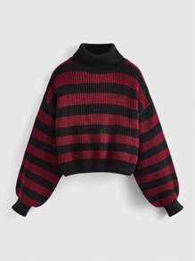 ROMWE Grunge Punk Punk cổ điển Phong cách Đỏ  & Đen Sọc Ngắn Tay áo lồng đèn Áo cao cổ Áo len , Áo chui đầu - Đỏ - Xem 1