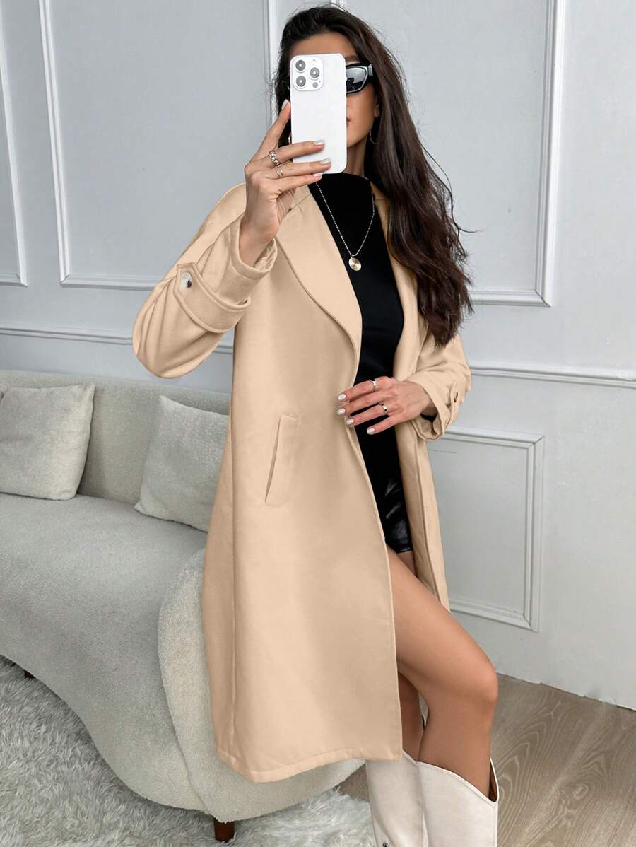 SHEIN Essnce Women's Solid Color Spring/Autumn Coat, Versatile Outwear - Khaki - View 1