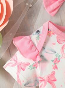 SHEIN Baby Girls' Cartoon Rabbit Printed Romper With Lace Decoration And Hair Band Set - Multicolor - View 6