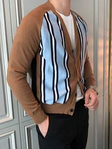 NITAGUT Nam Sọc Nút-Mặt trước Áo len Mở - Màu Khaki - Xem 6