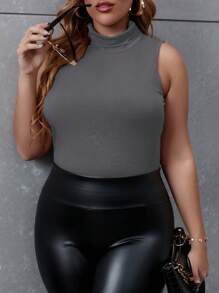 Women's Plus Size Solid Mock Neck Tank Top - Light Grey - View 1