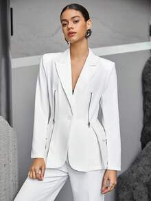 Maija 女式單排扣拉鍊裝飾西裝外套 - 白色 - 查看 5