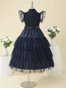 Vestido de fiesta con mangas con volantes y capas de tul para niñas preadolescentes - Azul Marino - Ver 2