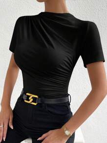 Almamuse Solid Ruched Slim Fit Tee Bodysuit - Black - View 4