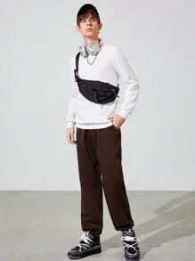 SHEIN Thiếu niên Con trai Giải trí Màu thuần Quần Chạy bộ Với Đàn hồi Cổ tay áo - màu nâu - Xem 3