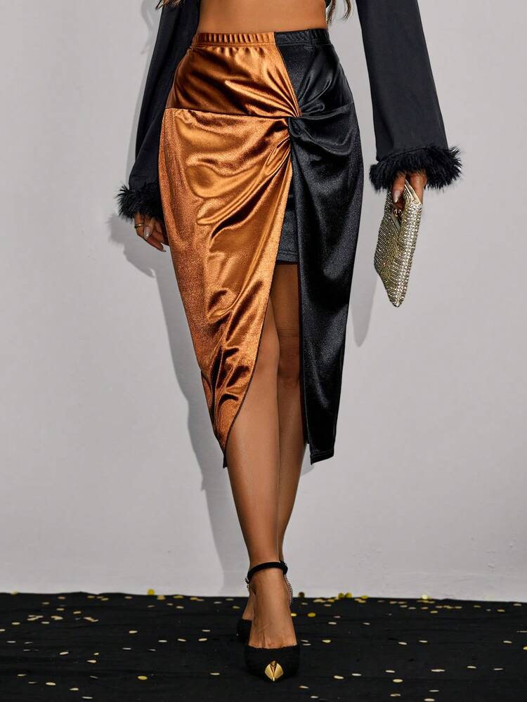 Women'S Color Block High Side Slit Skirt