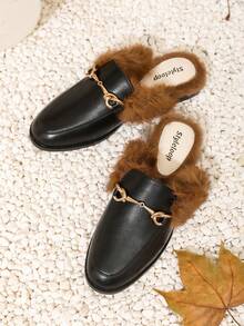 黑色平底拖鞋,毛茸茸家居拖鞋適合女士,時尚 - 黑色 - 查看 7