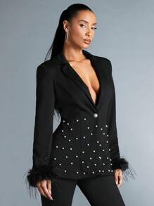 SHEIN BAE 女式毛皮袖口拼接翻領珍珠裝飾西裝外套 - 黑色 - 查看 5