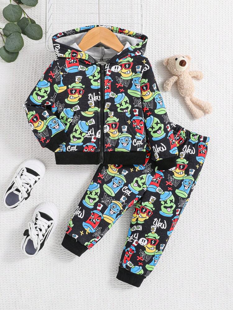 Baby Boy Cartoon Graphic Zip Up Hoodie & Sweatpants Without Tee