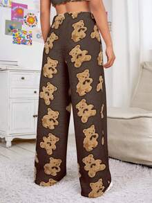 SHEIN EZwear Women's Knitted Pants With Bear Pattern - Coffee Brown - View 2