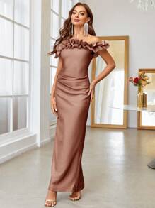 SHEIN Belle Vestido De Fiesta De Tubo Con Hombro Al Descubierto Y Borde De Volante, Decorado Con Pliegues - Burdeos - Ver 7