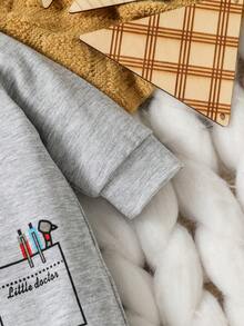 SHEIN 男嬰服裝醫生圖案長袖連身衣帶刺繡帽子,非常適合日常休閒裝和派對,秋季 - 灰色 - 查看 5