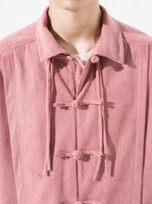男士中国风复古宽松灯芯绒长袖衬衫，防风保暖 - 粉色 - 查看 3
