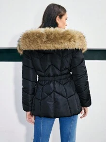 Anewsta Của phụ nữ Ngắn Áo khoác bông Với Dây thắt lưng - màu đen - Xem 2