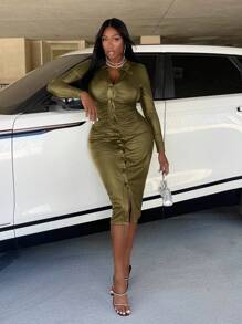 Slaydiva Women's Bodycon Dress With Front Buttons And Hip Package Design