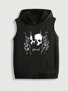 ROMWE MEN Grunge Punk Men's Skull Printed Sleeveless Sweatshirt, Perfect For Autumn And Winter - Black - View 1