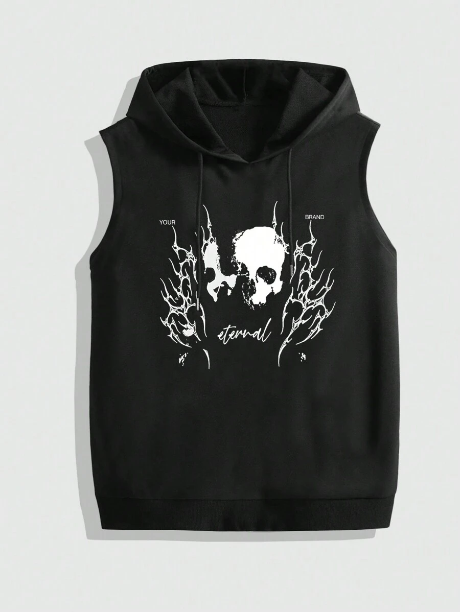 ROMWE MEN Grunge Punk Men's Skull Printed Sleeveless Sweatshirt, Perfect For Autumn And Winter - Black - View 1