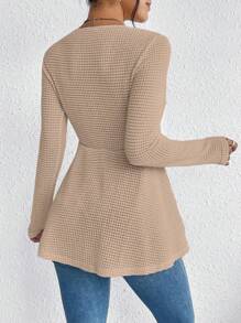 SHEIN Frenchy 荷葉邊花邊華夫格針織 T 卹 - 杏色 - 查看 2