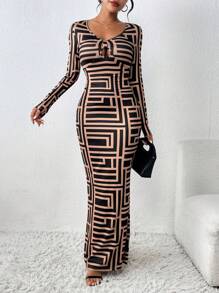 SHEIN Clasi Geo Print Cut Out Knot Front Mermaid Hem Dress - Multicolor - View 1