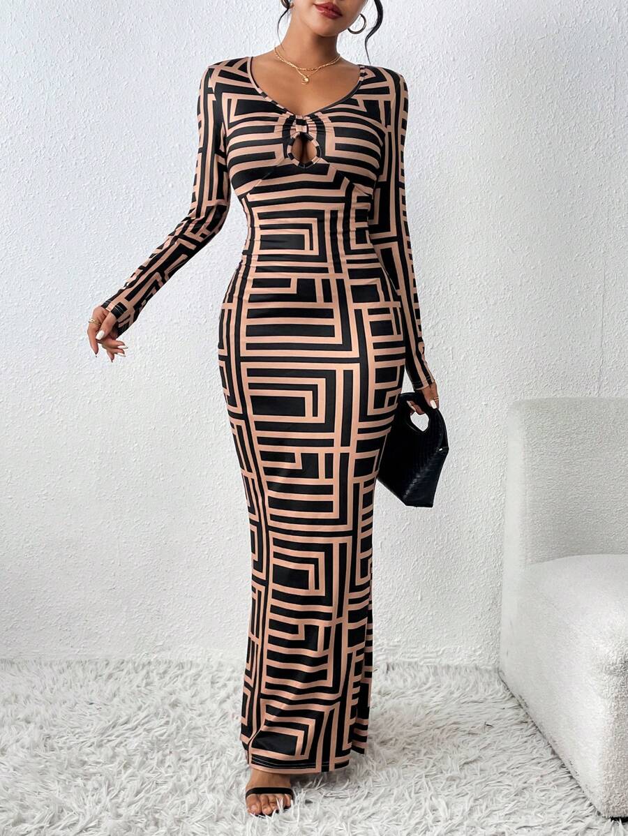 SHEIN Clasi Geo Print Cut Out Knot Front Mermaid Hem Dress - Multicolor - View 1