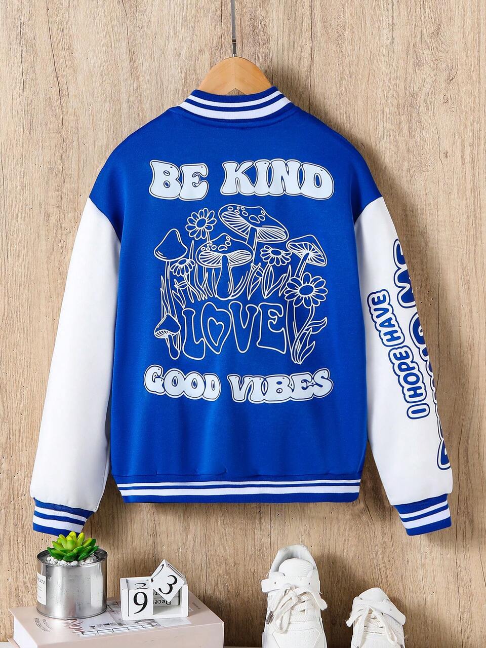 Girls' Letter & Mushroom Print Blue Baseball Jacket, For Tween Girls