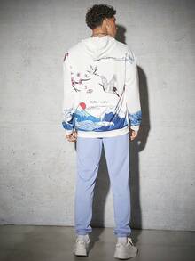 Manfinity RebelGame 男士鶴紋及花卉印花袋鼠口袋連帽衫 - 彩色 - 查看 3