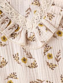 Baby Girls' Cute Mori Style Korean Version Dress With Lace And Ruffle Edge, Floral Print Long Sleeve Dress - Beige - View 5