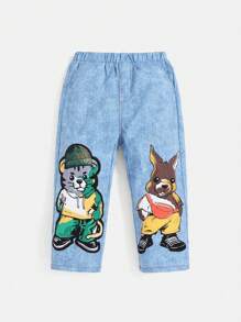 SHEIN Young Boy Cute Loose Fit Animal Printed Pants With Straight Leg - Light Wash - View 1