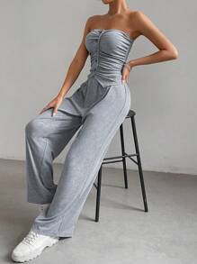 SHEIN Essnce 女款純色紐扣細節褶皺抹胸上衣和褲子兩件套 - 淺灰色 - 查看 1