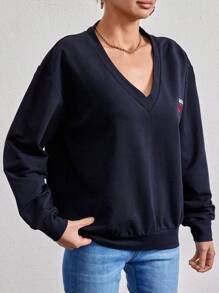 EURMUSE Heart & Letter Embroidery Drop Shoulder Sweatshirt - Navy Blue - View 3