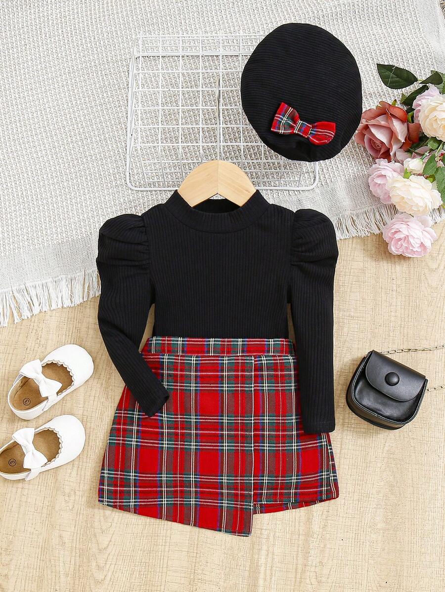 SHEIN 嬰兒女童法式復古風格泡泡袖針織毛衣,彈性腰格紋裙,配套帽子 - 紅色 - 查看 1