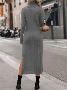 SHEIN Clasi Của phụ nữ Cổ cao Cái nĩa cao Đầm Áo len Không bao gồm Thắt lưng - Xám - Xem 2