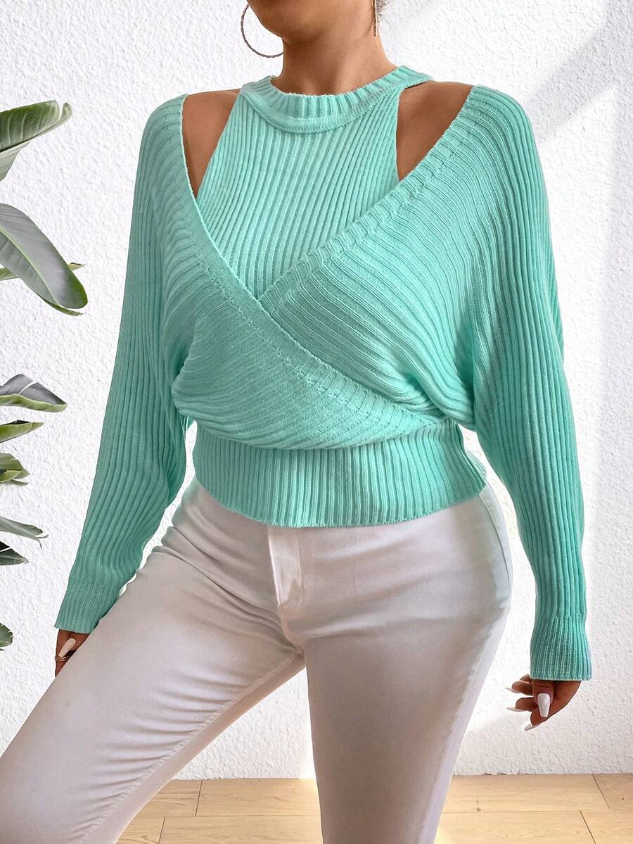 Celure Plus Size Solid Color Hollow Out Wrap Sweater Pullover Knit Pullover Fall Winter Sweater - Mint Green - View 1