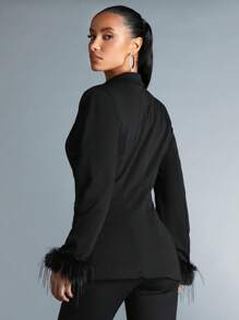 SHEIN BAE 女式毛皮袖口拼接翻領珍珠裝飾西裝外套 - 黑色 - 查看 2