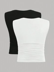 SHEIN Teenage Girls' Knitted Solid Color Pleated Casual Tank Top 2pcs/set - Black and White - View 2