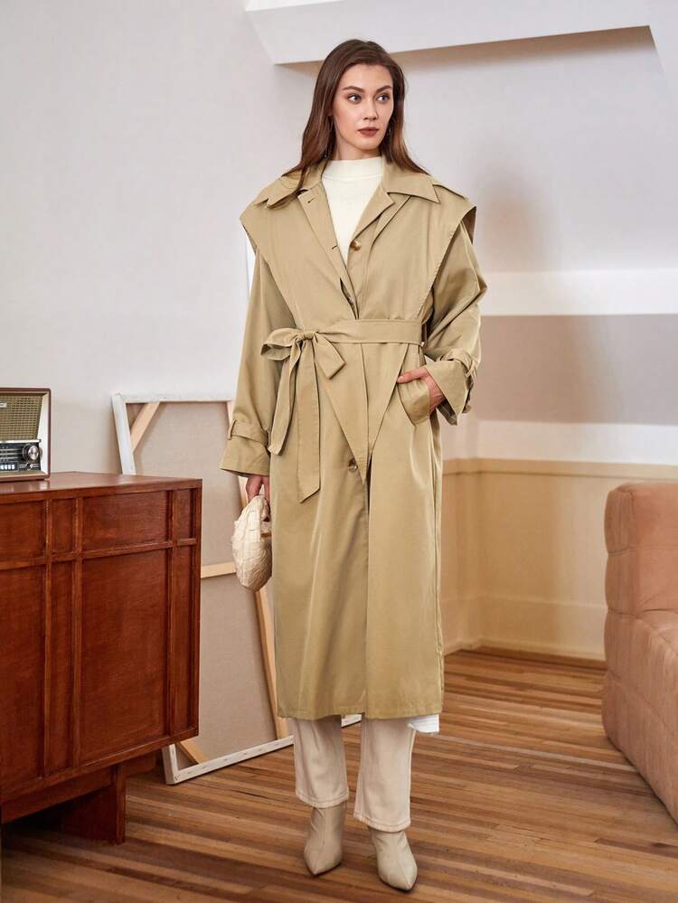 Women's Casual Trench Coat With Lapel Collar & Waist Belt