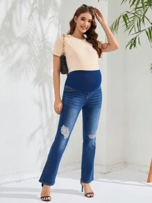 SHEIN 孕婦高腰破洞牛仔褲